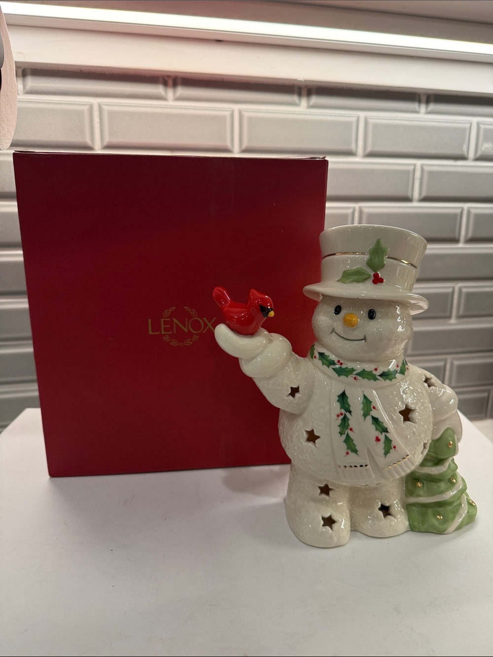 Lenox White Snowman Figurine with Red Cardinal and Green Accents- lights up!